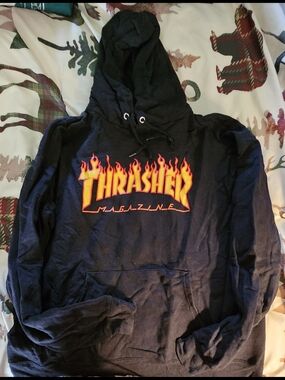 Thrasher Black Hoodie with Red-Orange Flame Logo